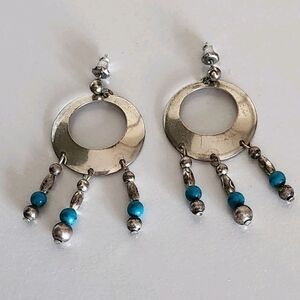 Vintage Silver Tone and Blue Dangle Earrings with Turquoise Beads